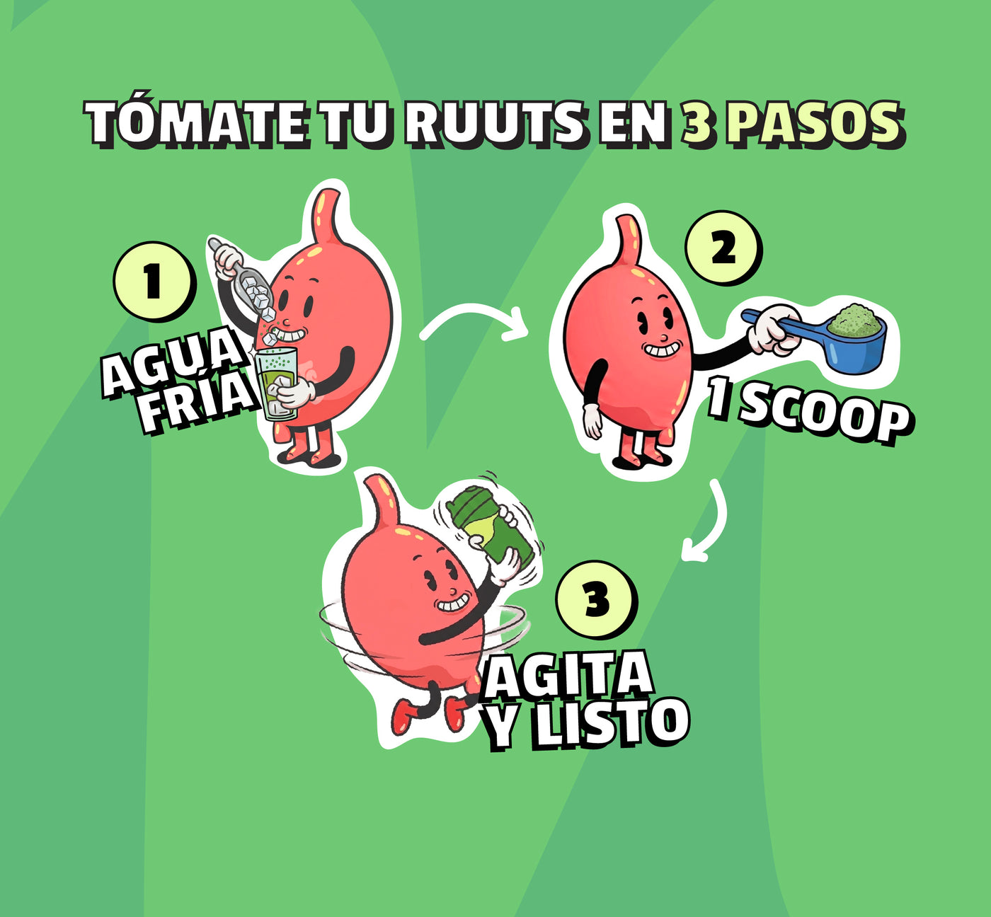 Tómate tu RUUTS en 3 pasos: agua fría, 1 scoop, agita y listo