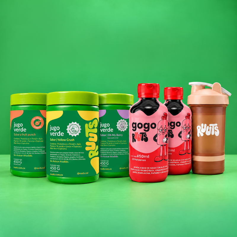 Combo 3 unidades Jugo verde en polvo RUUTS + 2 unidades GOGO RUUTS + Shaker Antigrumos regalo — 150 porciones