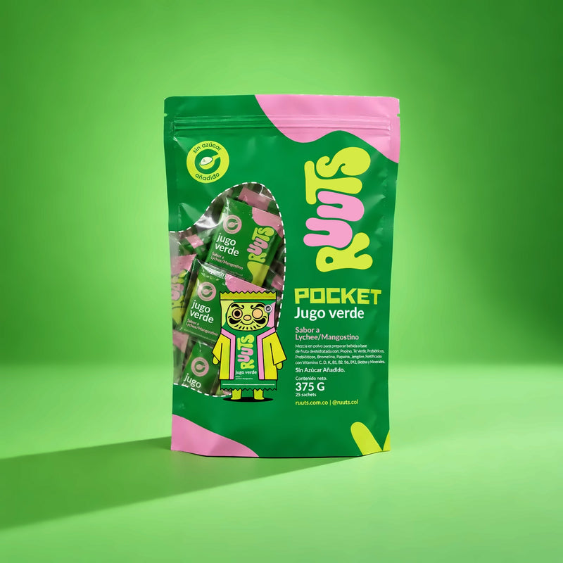 Pocket Jugo verde en polvo RUUTS — 25 sobres individuales.